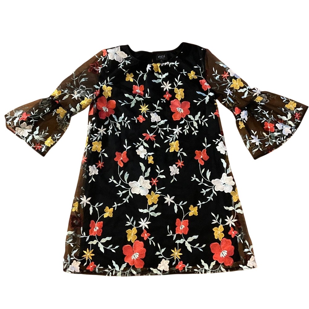 ECI Floral Embroidered Shift Dress Women 6 Black Mesh Bell Sleeve Mini